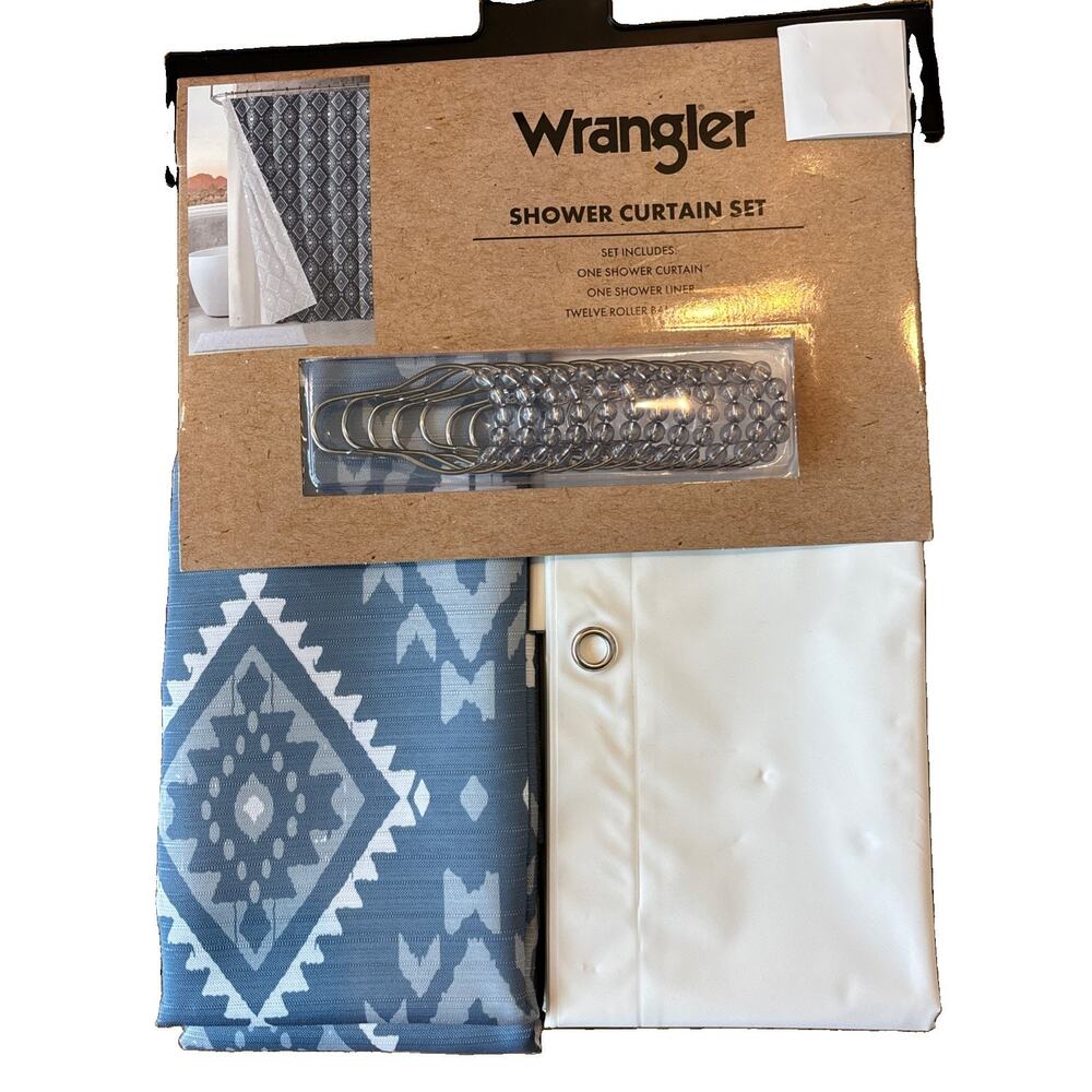 Wrangler Blue Aztec Geometric 14pc Shower Curtain Cowboy Western Southwestern